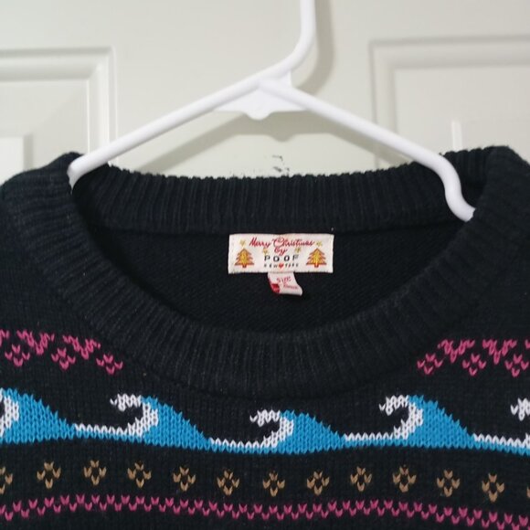 Merry Christmas Poof Feliz Navidad Flamingo Sweater S Black - Picture 5 of 11